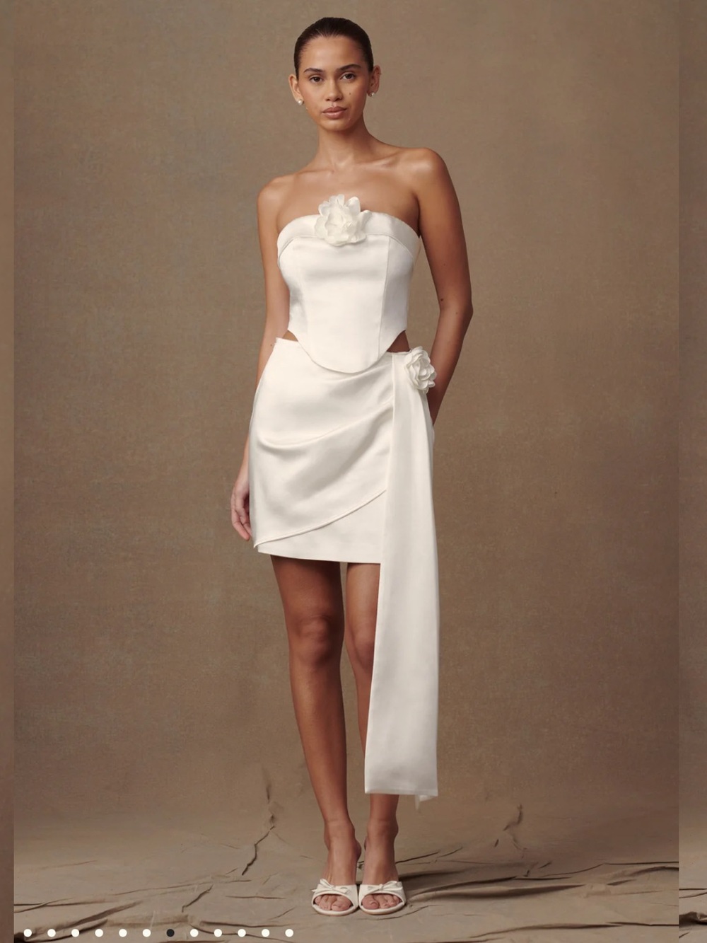 MESHKI White Silk Corset and Matching Satin Skirt with Rose accents *never worn*